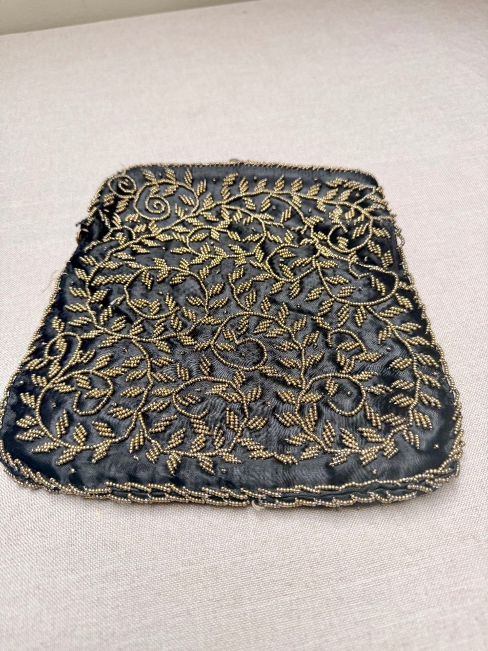 Vintage Hong Kong Victorian Style Black and Gold Beaded Clutch Formal Evening
